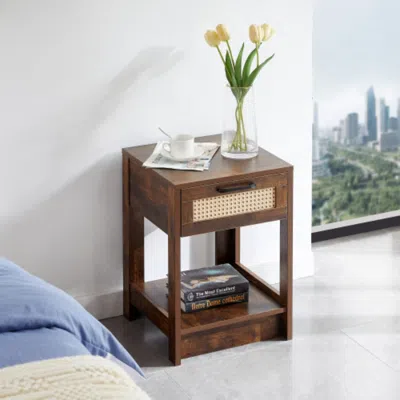 Hivvago 15.75 Inch Rustic Brown Rattan End Table With Drawer