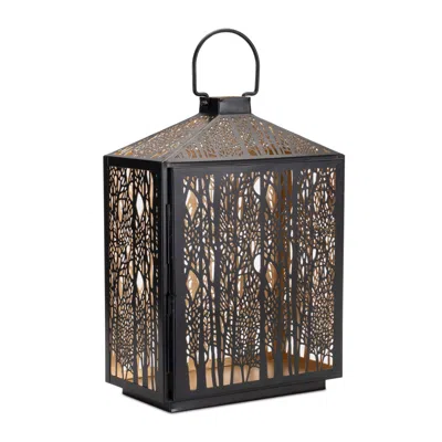 Hivvago 16" Black And Gold Pierced Floral Metal Lantern Candle Holder In Brown