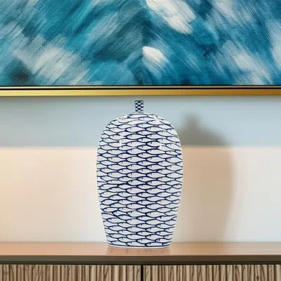 Hivvago 16" Blue And White Animal Print Oval Ceramic Table Vase In Silver
