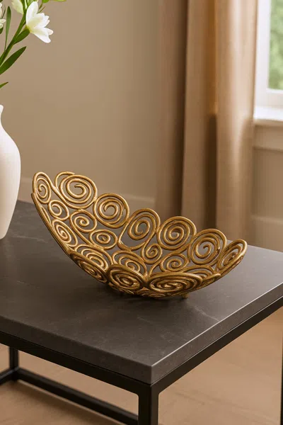 Hivvago 16" Gold Aluminum Abstract Circles Oval Decorative Bowl In Brown