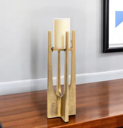 Hivvago 16" Gold Distressed Aluminum Geometric Tabletop Pillar Candle Holder In Brown