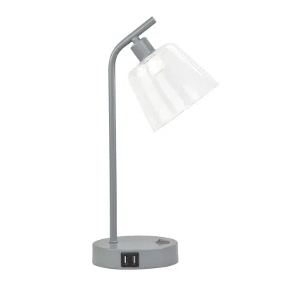 Hivvago 16" Gray Metal Usb Table Lamp With Clear Globe Shade