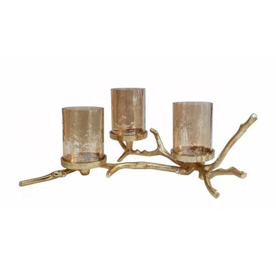 Hivvago 16 Inch 3 Pillar Candle Holder, Aluminum, Accented Frosted Glass, Gold
