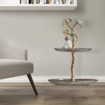 Hivvago 16 Inch Elegant Accent Table, 2 Tier Aluminum Cherry Blossom, Gold, Silver In Gray