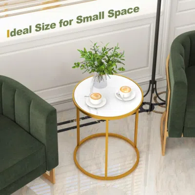 Hivvago 16 Inch Marble Top Round Side Table With Golden Metal Frame For Living Room Bedroom-set Of 2