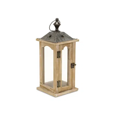 Hivvago 16" Natural And Gray Geometric Metal And Solid Wood Tabletop Lantern Candle Holder In Brown