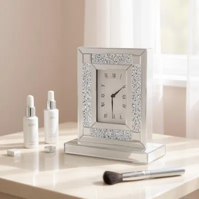 Hivvago 16" Silver And White Faux Crystal And Mirrored Glass Table Clock
