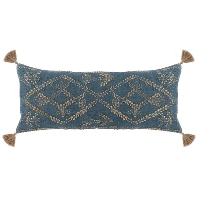 Hivvago 16 X 36 Accent Lumbar Pillow, Down, Blue Wool, Jute Woven Details, Tassels