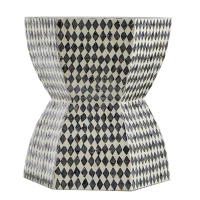 Hivvago 17 Inch Modern Hexagonal Table Stool, Capiz Inlaid Platform, White, Black