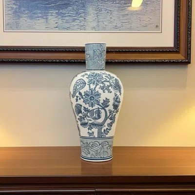 Hivvago 17" Light Blue And White Floral Round Porcelain Table Vase In Multi