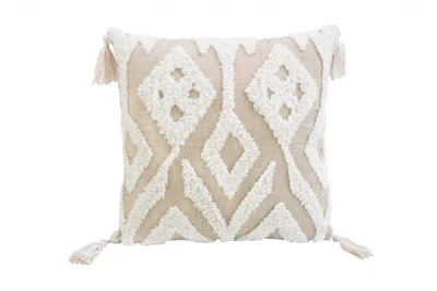 Hivvago 17" X 17" Beige And White Ikat Zippered Polyester Throw Pillow With Tassels In Brown