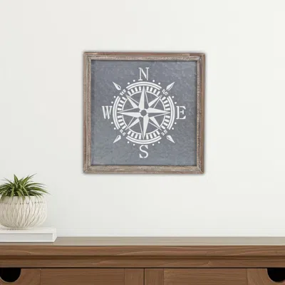 Hivvago 17" X 17" Gray Compass Galvanized Metal And Wood Square Framed Art In Brown