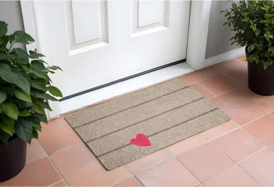 Hivvago 17" X 29" Gray And Pink Coir Heart And Stripe Outdoor Door Mat In Brown