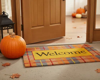 Hivvago 17" X 29" Gray Orange And Yellow Fall Plaid Welcome Outdoor Coir Door Mat