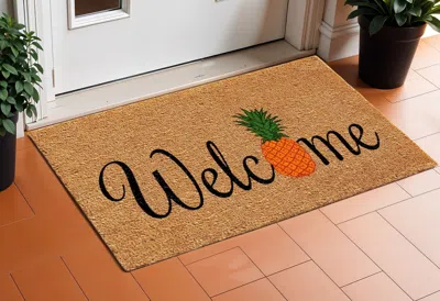 Hivvago 17" X 29" Natural And Black Pineapple Welcome Outdoor Coir Door Mat In Brown