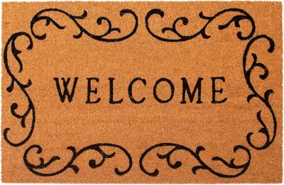 Hivvago 17" X 29" Natural And Black Scrollwork Welcome Outdoor Coir Door Mat In Brown