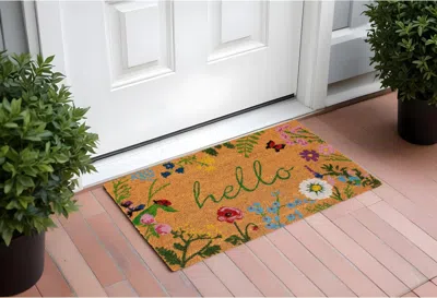Hivvago 17" X 29" Natural And Green Coir Floral Hello Outdoor Door Mat In Multi