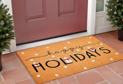 Hivvago 17" X 29" Natural Black And White Coir Happy Holidays Outdoor Christmas Door Mat In Brown