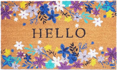 Hivvago 17" X 29" Natural Blue And Purple Floral Hello Outdoor Coir Door Mat In Multi