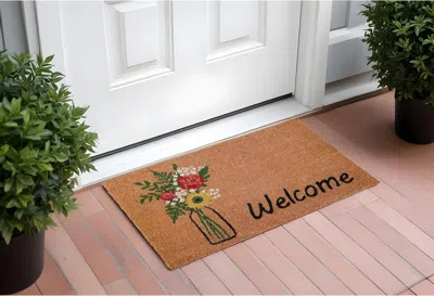 Hivvago 17" X 29" Natural Green And Black Coir Floral Welcome Outdoor Door Mat In Brown