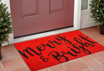 Hivvago 17" X 29" Red And Black Coir Merry And Bright Outdoor Christmas Door Mat
