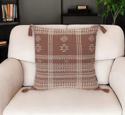 Hivvago 18" Beige And Brown Cotton Throw Pillow With Tassels