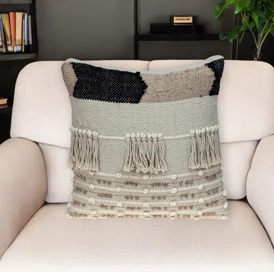 Hivvago 18" Beige And Gold Striped Cotton Blend Throw Pillow With Fringe In Green
