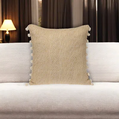 Hivvago 18" Beige And White Weave Cotton Throw Pillow With Pom Poms In Neutral