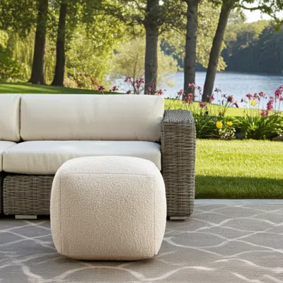 Hivvago 18" Beige Polyester Cube Outdoor Pouf Ottoman