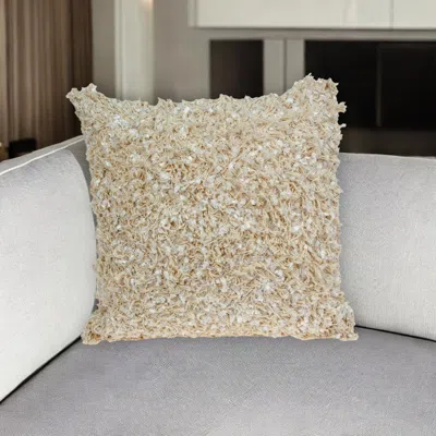 Hivvago 18" Beige Throw Pillow With Shag In Gold
