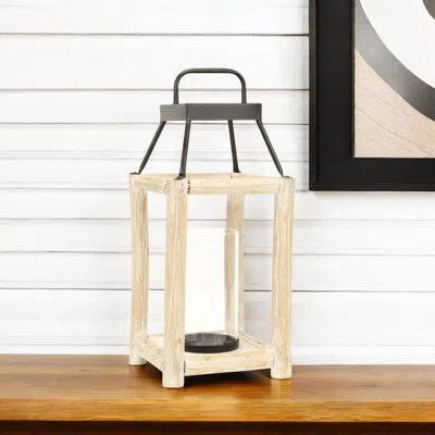 Hivvago 18" Black And Natural Distressed Glass Metal And Wood Tabletop Lantern Candle Holder In Neutral