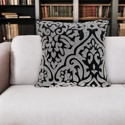 HIVVAGO 18" BLACK AND SILVER DAMASK VELVET THROW PILLOW WITH BEADS
