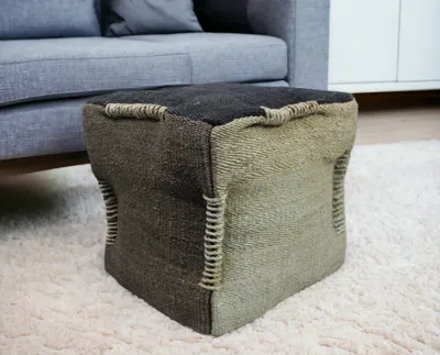 Hivvago 18" Black And Taupe Jute Cube Pouf Ottoman In Green