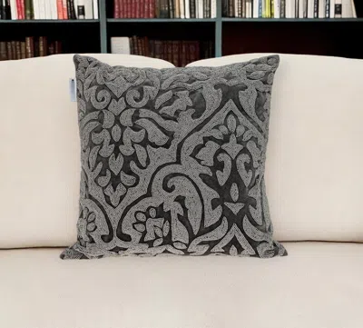Hivvago 18" Gray And Silver Damask Velvet Throw Pillow With Beads