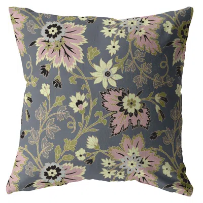 Hivvago 18" Gray Pink Jacobean Zippered Suede Throw Pillow In Blue
