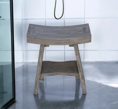 Hivvago 18" Gray Solid Wood Rectangular Shower Bench With Shelf In Brown