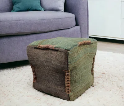 Hivvago 18" Green And Brown Jute Cube Pouf Ottoman