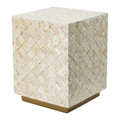 Hivvago 18 Inch Accent Side End Table Stool, Square, Cream Capiz, Gold Base In Neutral
