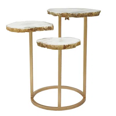Hivvago 18 Inch Accent Side Table, 3 Tier Design, White Agate Top, Gold Iron Base