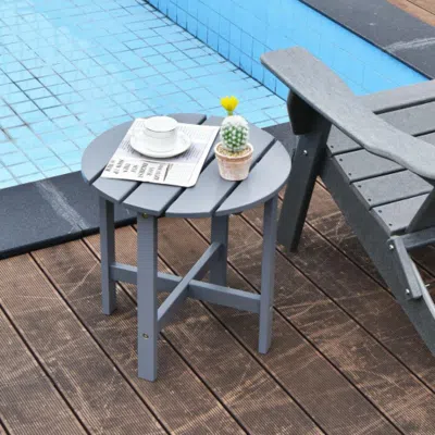 Hivvago 18 Inch Patio Round Side Wooden Slat End Coffee Table For Garden-black In Gray