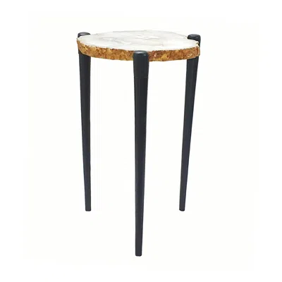 Hivvago 18 Inch Side Table, Agate Stone Top, Aluminum Tri Legs, Modern, White