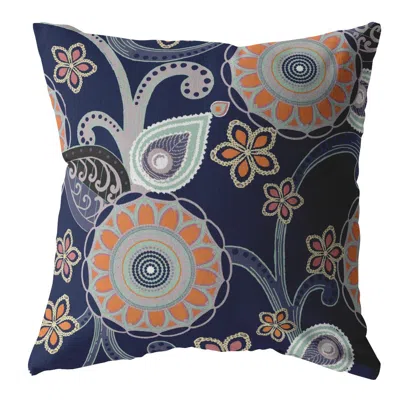 Hivvago 18" Indigo Orange Floral Suede Zippered Throw Pillow In Blue