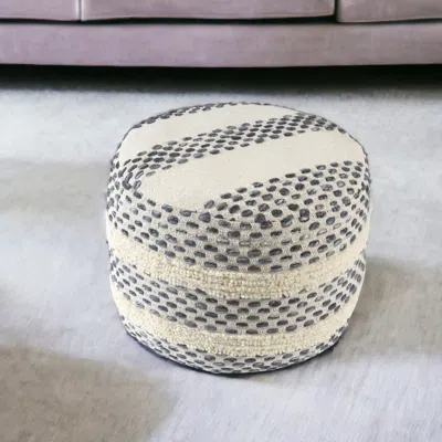 Hivvago 18" Ivory And Blue Cotton Blend Round Striped Pouf Ottoman In Neutral