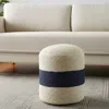 Hivvago 18" Off White And Navy Blue Jute Blend Cylinder Striped Pouf Ottoman In White