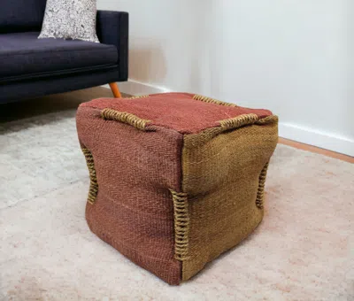 Hivvago 18" Pink And Orange Jute Cube Pouf Ottoman In Brown