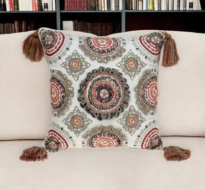 Hivvago 18" Red And White Floral Cotton Throw Pillow With Embroidery, Tassels In Multi