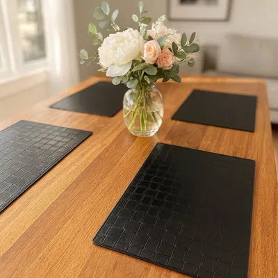 Hivvago 18" Set Of Four Black Basketweave Faux Leather Placemats