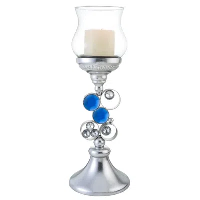 Hivvago 18" Silver And Blue Faux Crystal Bling Hurricane Candle Holder In Multi