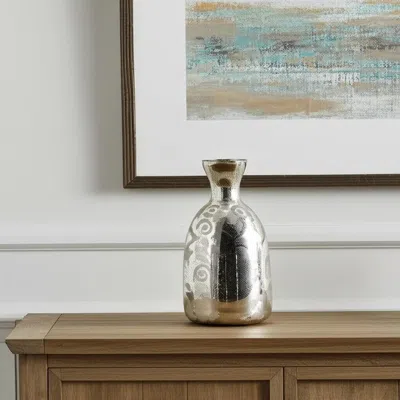 Hivvago 18" Silver Floral Round Glass Table Vase In Metallic