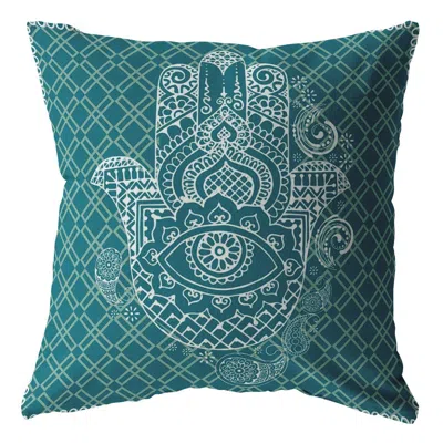 Hivvago 18" Teal White Hamsa Suede Zippered Throw Pillow In Green